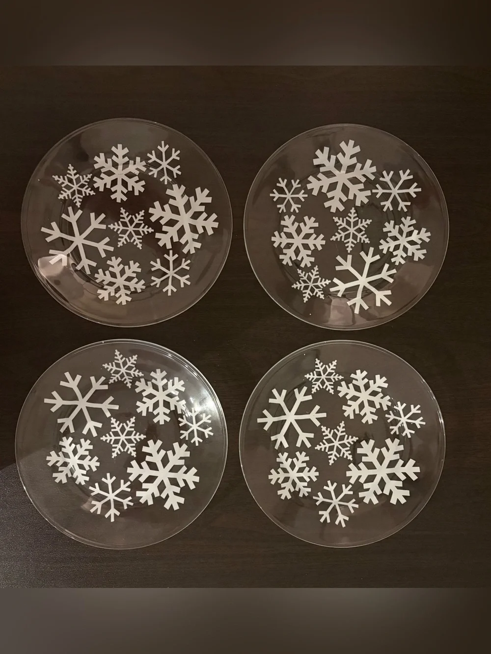 Crate&Barrel Clear Glass Mug and Dessert Plate Set with White Snowflake Motif